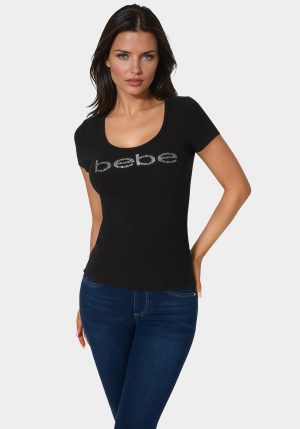 Bebe Logo Short Sleeve Round Neck Rib Top