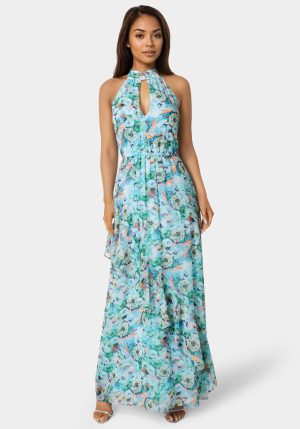 Printed Chiffon Halter Ruffle Dress