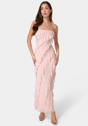 Strapless Mesh Ruffle Maxi Dress