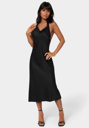 Satin Halter Front Cowl Neck Midi Dress